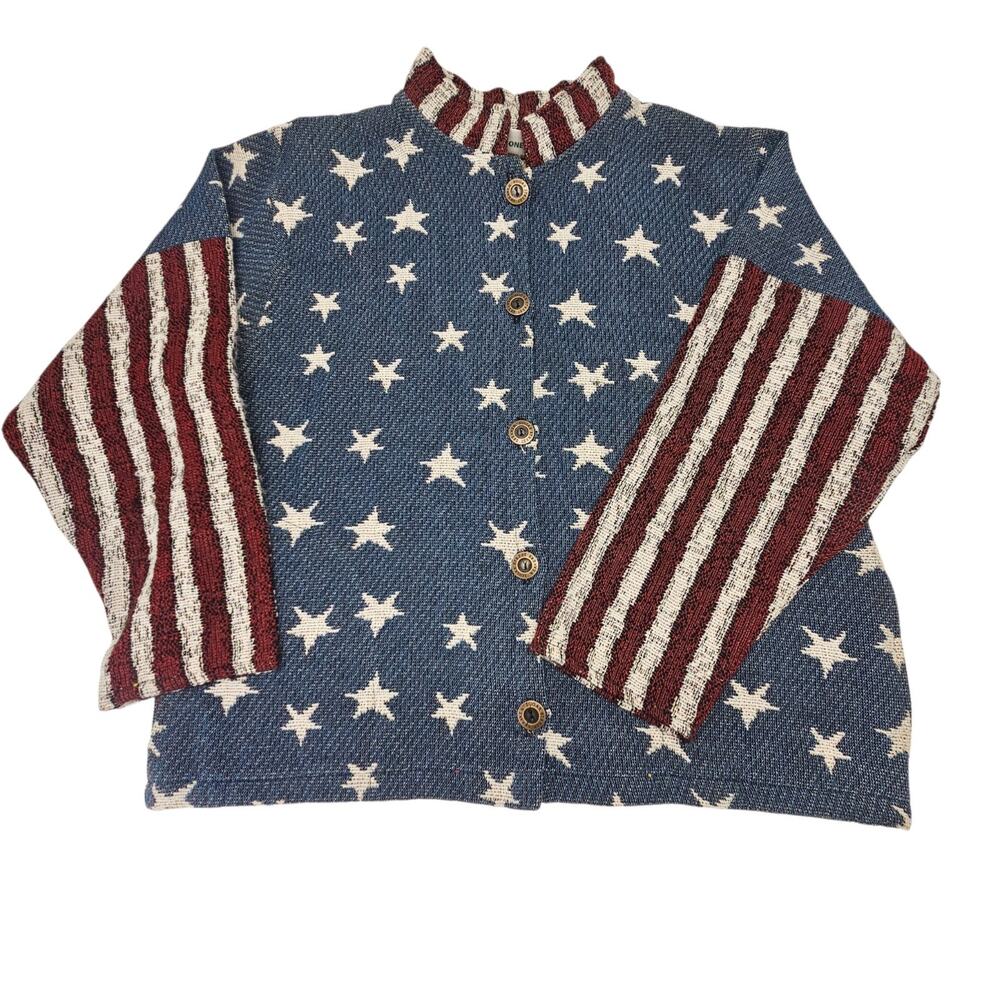 VTG Sugar Street American Woven USA Flag Sweater Tapestry Jacket Patriotic
